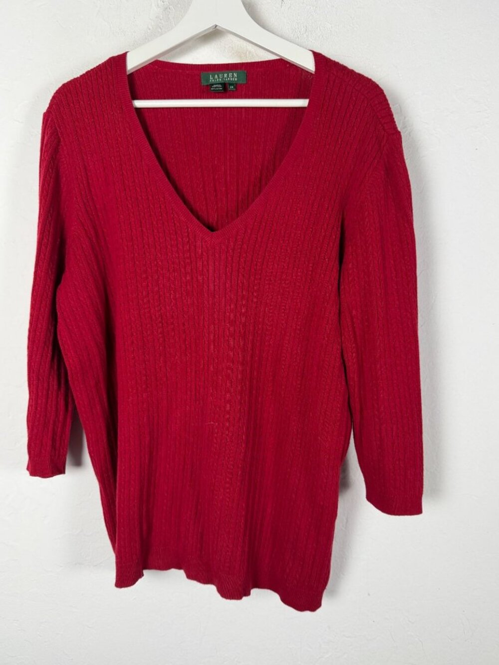 Lauren Ralph Lauren Women Red Cable Knit V-Neck Sweater 100% Cotton Plus Size 2X